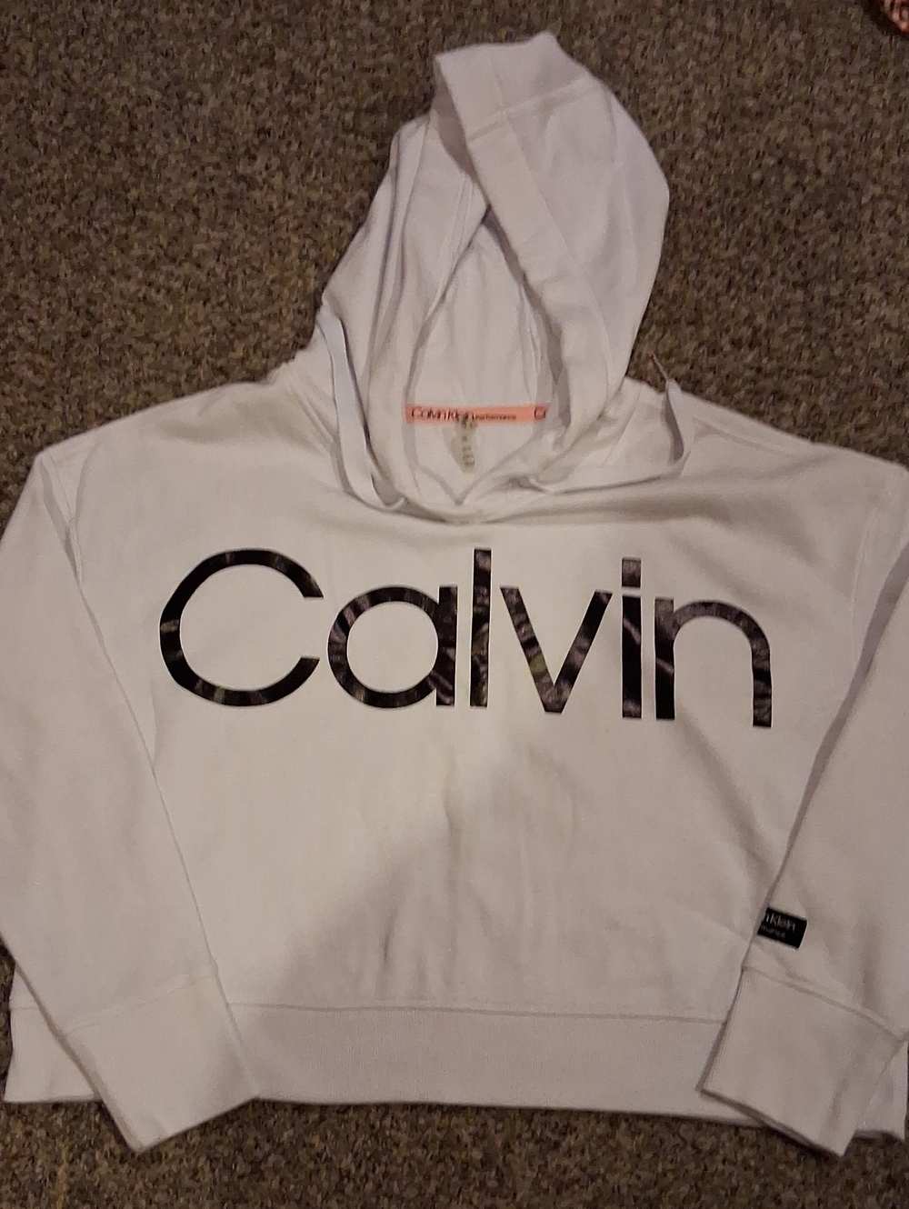 Calvin Klein White Logo Cropped Hoodie Sweater